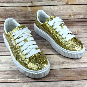 Puma Womens Gold Glitter Basket Chunky Sole Platform Sneakers Size 8.5